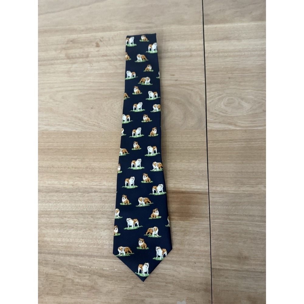 Alynn Neckwear English Bulldog Novelty Tie Navy Blue 100% Silk Made in USA